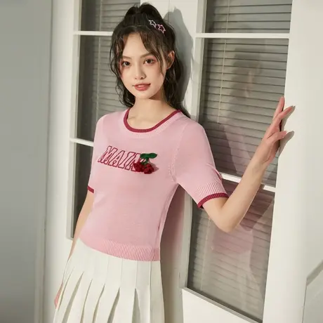 唐狮圆领提花文字短袖毛线衫女别致春夏粉色针织T恤小衫甜美少女图片