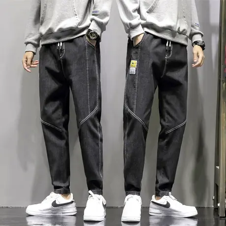 春秋款哈伦牛仔裤男士束脚宽松紧腰九分工装休闲裤男裤子夏季薄款商品大图