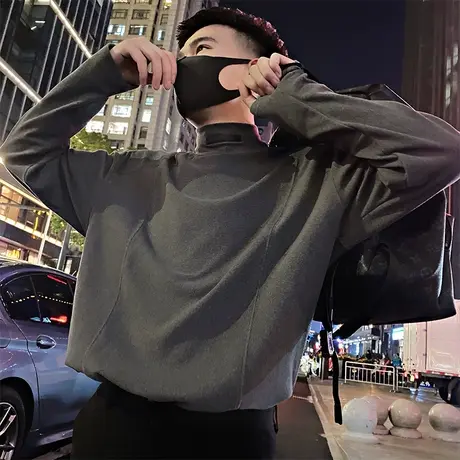 秋冬季德绒休闲半高领打底衫男潮流ins发型师长袖上衣t恤宽松纯色商品大图