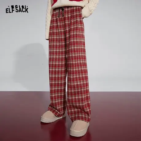 妖精的口袋红色宽松格纹休闲裤女2023年冬季新款直筒显瘦拖地裤子商品大图