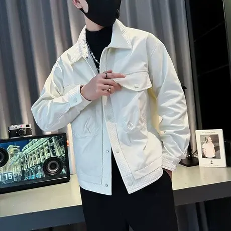 轻熟纯色立领简约休闲潮牌外套春秋新款工装大口袋机车夹克上衣男图片