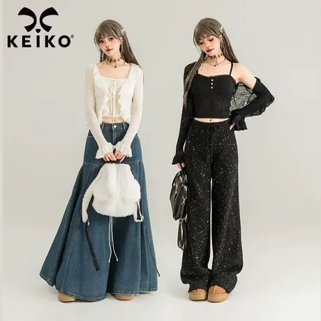 KEIKO甜辣妹穿搭短款白色针织开衫两件套春季荷叶边上衣+抹胸背心商品大图