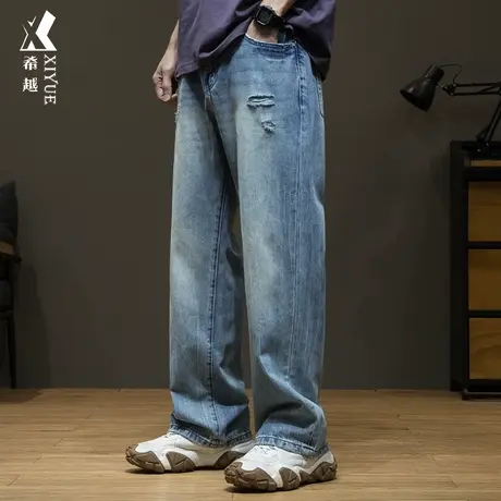 希越纯棉牛仔裤男士2024春季新款宽松大码美式复古加大直筒休闲裤商品大图