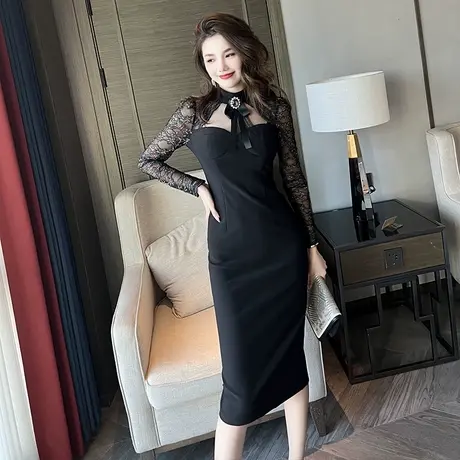 蕾丝镂空聚会礼服平时可穿秋季礼服裙轻奢小众高端黑色包臀连衣裙商品大图