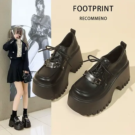 系带粗跟厚底小皮鞋女鞋2024新款春秋锁扣百搭增高跟鞋乐福单鞋子图片