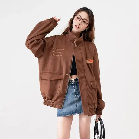 othermix美式复古夹克外套女2024春季新款宽松休闲百搭短上衣夹克图片