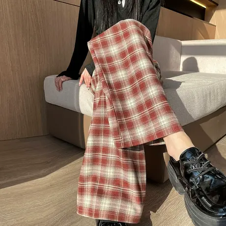 复古美式红格休闲裤女2024春秋新款裤子高腰显瘦宽松松紧腰阔腿裤商品大图