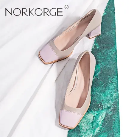 原创手工复古灰色单鞋女鞋真皮粗跟高跟鞋方头拼色软皮浅口鞋2024图片