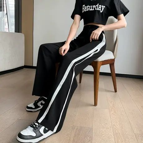 唐狮夏季女休闲裤撞色冰丝阔腿运动裤黑色高腰显瘦长裤子运动卫裤商品大图
