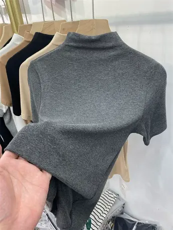 欧货气质半高领螺纹短袖T恤女2024春秋装新款显瘦内搭打底衫上衣商品大图