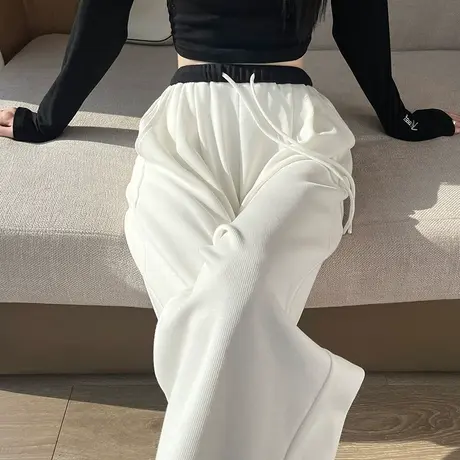 美式白色运动裤女春秋季新款高腰显瘦宽松休闲抽绳设计感阔腿长裤商品大图