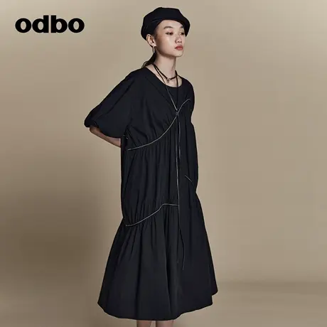 odbo/欧迪比欧原创设计明线压褶黑色短袖连衣裙女夏季2023年新款图片