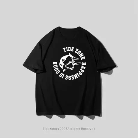 Ohlyah原创复古手绘鲨鱼字母印花短袖春夏季男女美式圆领宽松T恤图片