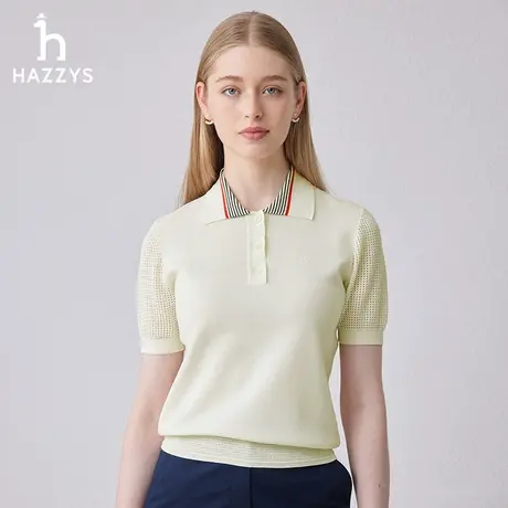 【商场同款】Hazzys哈吉斯2024夏季新品合体版女士翻领短袖针织衫图片
