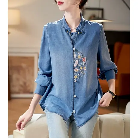 宝诗黎OL气质刺绣牛仔衬衫2024春季新款国风百搭长袖宽松天丝衬衣商品大图