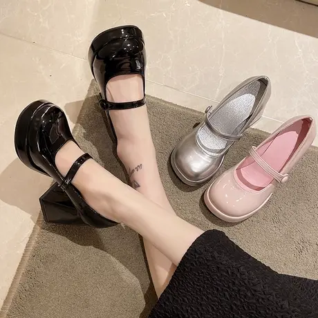 法式圆头小皮鞋jk玛丽珍鞋子女粗跟单鞋防水台高跟鞋一字扣带女鞋图片