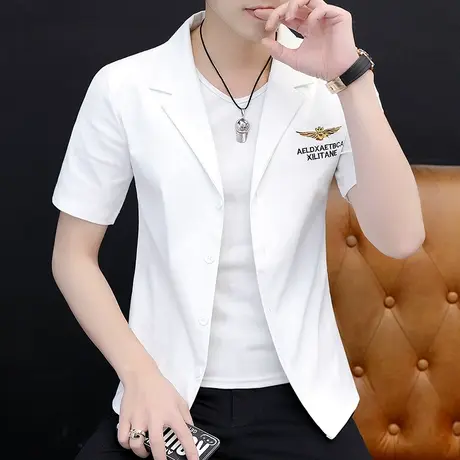 夏季衬衫男士ins潮流休闲短袖西装外套学生韩版个性帅气刺绣衬衣商品大图