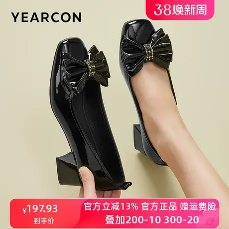 意尔康女鞋2023秋季新款真皮漆皮高跟鞋女方头蝴蝶结粗跟单鞋中跟图片