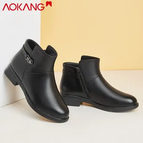 奥康女鞋冬季新款切尔西靴英伦平底短靴真皮休闲妈妈鞋牛皮短靴商品大图