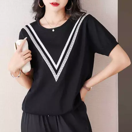伊自尚大码女装2023夏装新款宽松针织短袖T恤胖妹妹百搭冰丝上衣商品大图