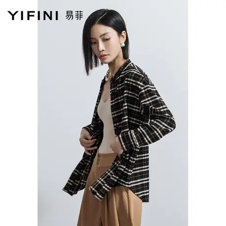 Yifini/易菲宽松长袖格子衬衫女2023春秋新款百搭休闲薄款外套商品大图