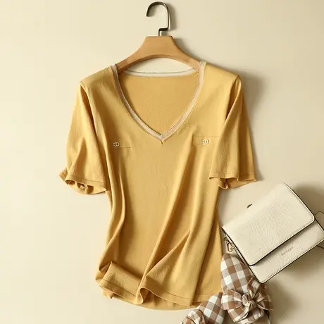 冰丝针织衫短袖t恤女2022年春夏新款V领宽松显瘦薄款打底衫女上衣商品大图