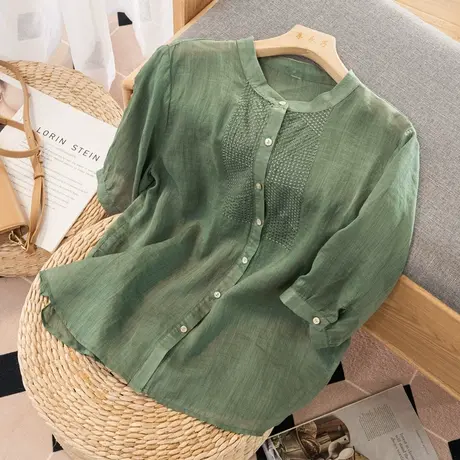 短袖苎麻衬衣女刺绣2022夏季新款薄款棉麻上衣气质宽松漂亮衬衫女图片