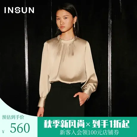 [E-SUIT系列]恩裳COVER2023秋装新款手工捏褶麻花辫装饰缎面衬衫图片