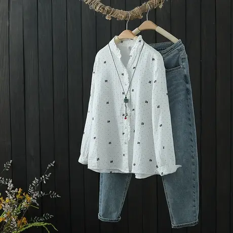 春季2022新款文艺休闲印花衬衣女装纯棉双层棉纱长袖圆点打底衬衫图片