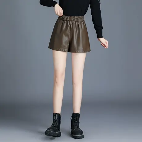 短裤女春秋PU皮裤子2023新款松紧腰显瘦a字阔腿裤百搭外穿休闲裤商品大图