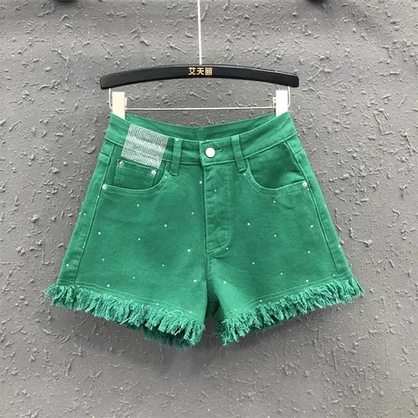 2023夏新款绿色烫钻毛须边牛仔短裤女时尚欧货高腰显瘦a字阔腿裤商品大图