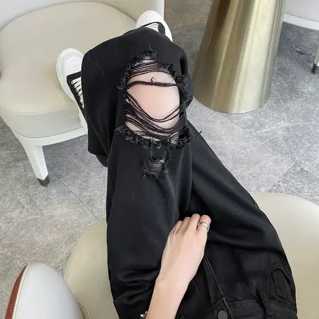 天丝阔腿牛仔裤女破洞夏季高腰垂感宽松显瘦设计感春秋直筒长裤子商品大图