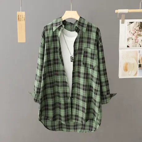 前短后长绿色格子衬衫女宽松中长款休闲衬衣外套女士外搭上衣开衫图片