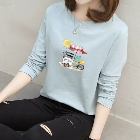 纯棉长袖T恤女韩版宽松春季女士上衣2022年春装新款打底衫春夏潮图片