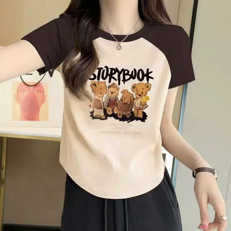 美式卡通纯棉插肩短袖t恤女夏季2023新款正肩修身显瘦短款上衣女图片