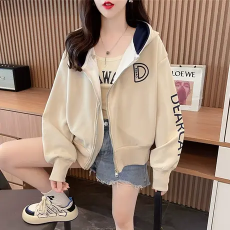早秋设计感小众连帽卫衣女春秋季韩版宽松初秋小个子薄款开衫外套图片