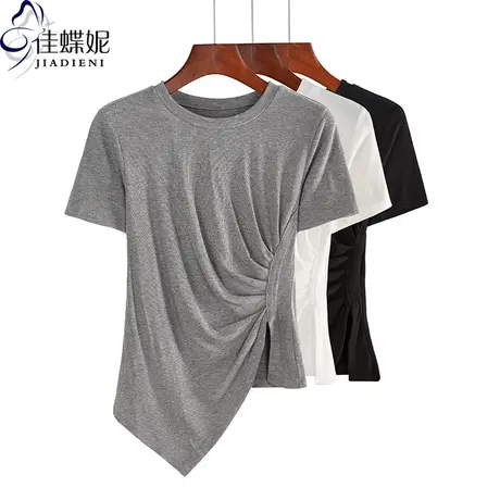 夏季新款韩版纯棉圆领修身褶皱开叉短袖体恤上衣内搭打底衫女装商品大图