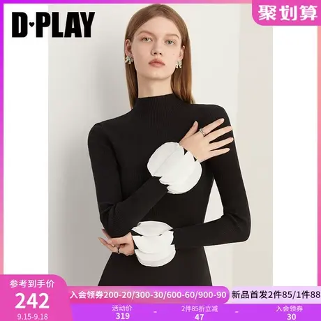DPLAY2023秋装法式优雅黑拼白撞色立体花瓣修身半高领针织打底衫商品大图