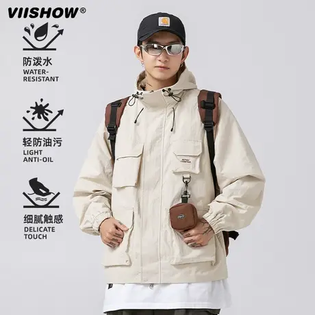 VIISHOW山系户外防水工装夹克男中性机能口袋连帽加绒冲锋夹克外图片