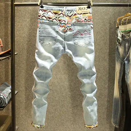 浅蓝色九分潮牌破洞男士牛仔裤夏季薄款拼色潮流百搭修身小脚裤子商品大图