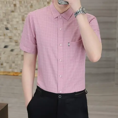 短袖衬男士2023夏季新款英伦风潮流高级感修身休闲格子半袖衬衣商品大图