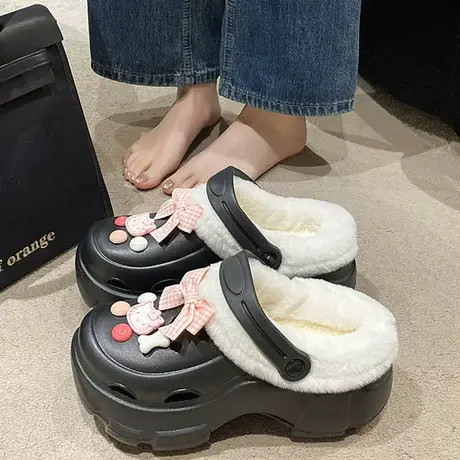 甜美可爱毛毛包头棉拖鞋女冬2023新款厚底增高卡通防滑加绒洞洞鞋商品大图