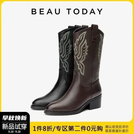 BeauToday刺绣西部牛仔靴复古长筒靴女2023新款秋季BT真皮骑士靴图片