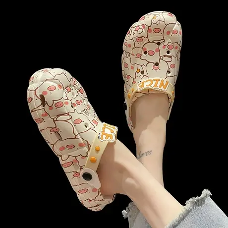 可爱小猪洞洞鞋女夏季网红时尚厚底防滑两穿凉鞋ins潮包头凉拖鞋商品大图