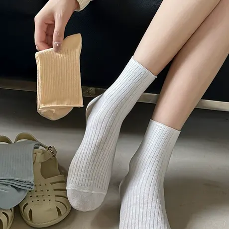 条纹袜子女春秋季薄款棉袜白色竖条中长筒堆堆袜白色长袜女土夏天商品大图
