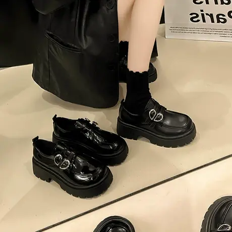 乐福鞋女新款2024年粗跟中跟单鞋小个子高级感黑色圆头英伦小皮鞋商品大图