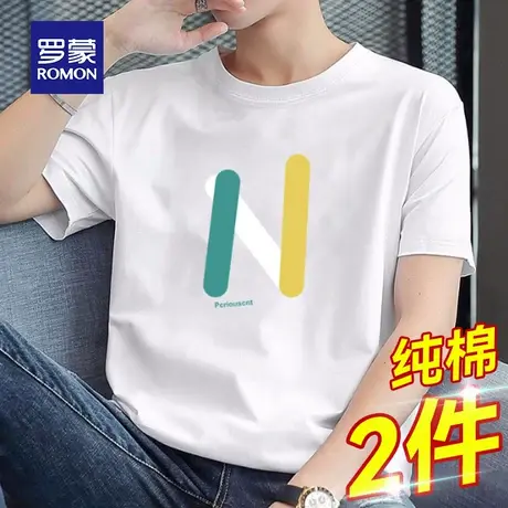 罗蒙男士纯棉短袖T恤夏季薄款宽松休闲印花圆领上衣服冰丝半袖体t商品大图