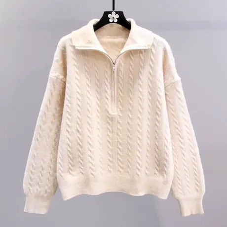 复古半高领拉链毛衣女秋冬2023新款宽松慵懒风长袖套头针织外套商品大图