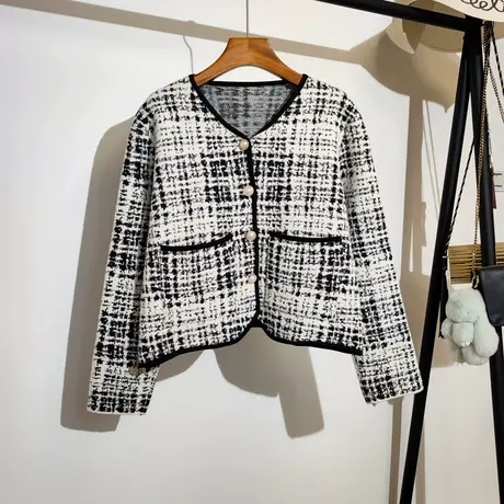 小香风毛衣外套开衫女秋冬新款韩系宽松千鸟格仿水貂绒针织衫上衣图片