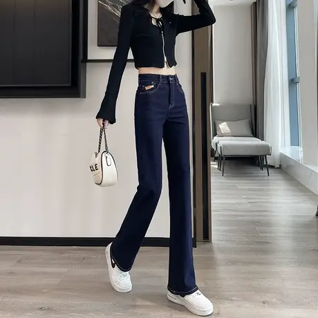 深蓝色微喇牛仔裤女2023年秋冬新款高腰修身显瘦复古窄版直筒长裤商品大图